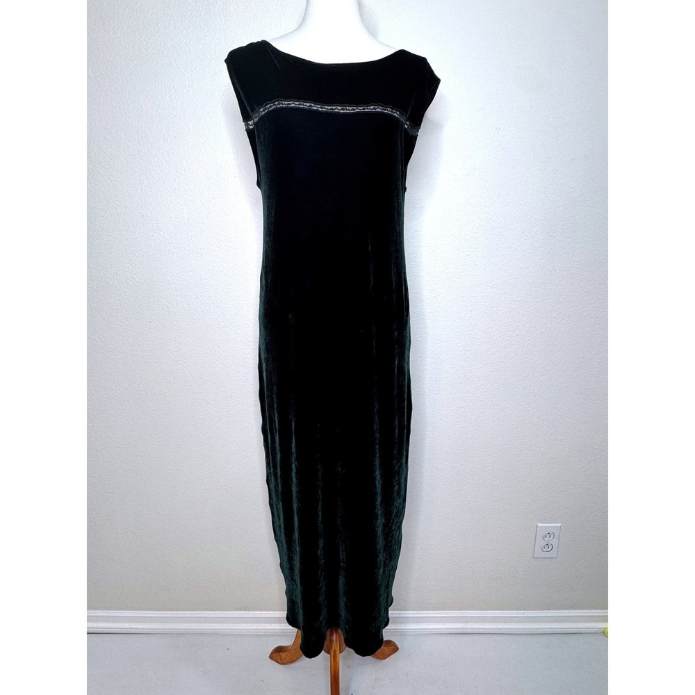 FITIGUES Vtg Velvet Maxi Dress Sleeveless Black L Lace Minimalist Quiet Luxury
